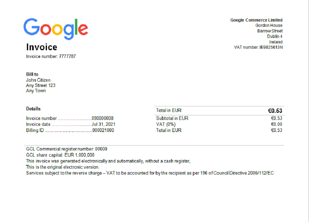 USA Google invoice template PSD template